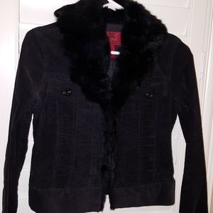 Black corduroy jacket with black fur collar